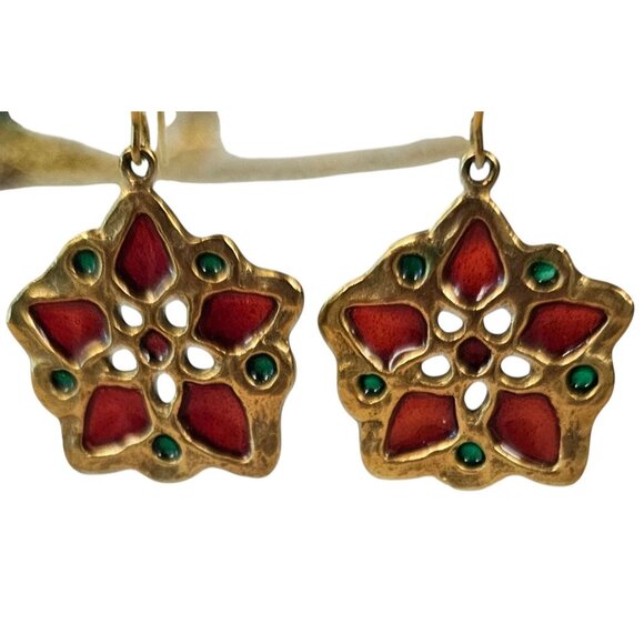 MMA Plique-A-Jour Style French Hook Poinsettia Earrings, Signed L514 - Picture 3 of 11